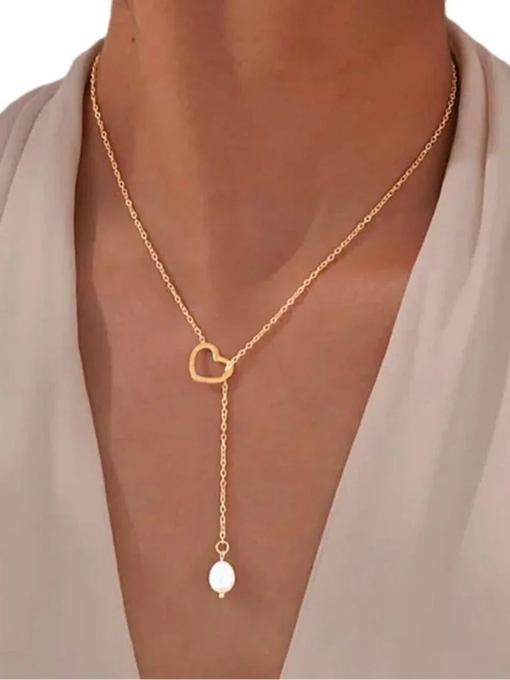 Heart and Freshwater Pearl Drop Y-Shape Dainty Necklace 18K Gold PVD NEW